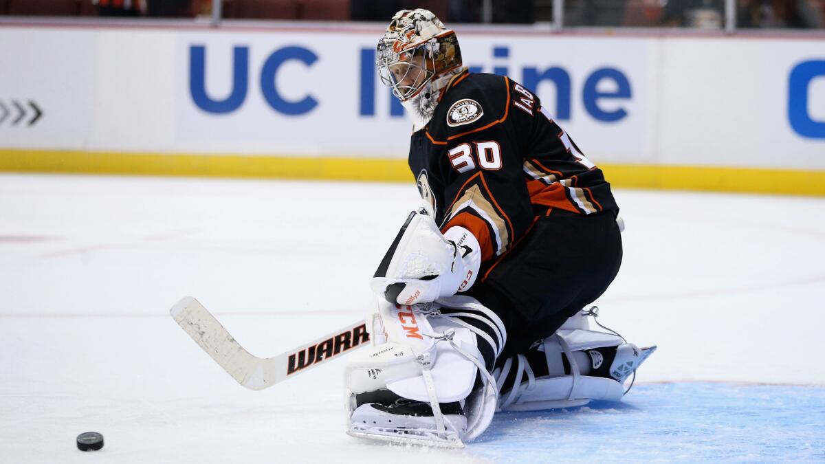 Ducks goaltender Jason LaBarbera makes a save during warm-ups before a preseason game against the Phoenix Coyotes at Honda Center on Sept. 23, 2014.