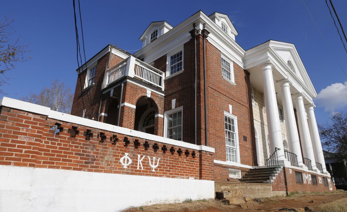 The Phi Kappa Psi fraternity house at the University of Virginia in Charlottesville. A Rolling Stone article alleged a gang rape had taken place there; that story has since been discredited.