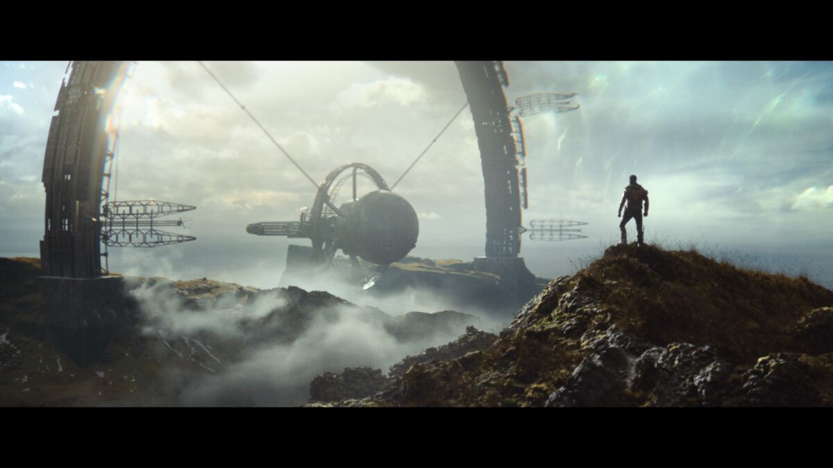 Illustration of a person and a mysterious device in the video game "Deathloop."