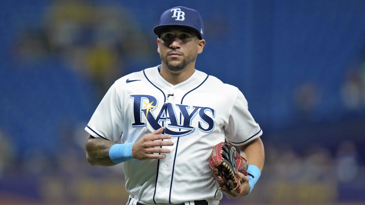 Tampa Bay Rays outfielder David Peralta jogs on the field during a game against the Boston Red Sox in September.