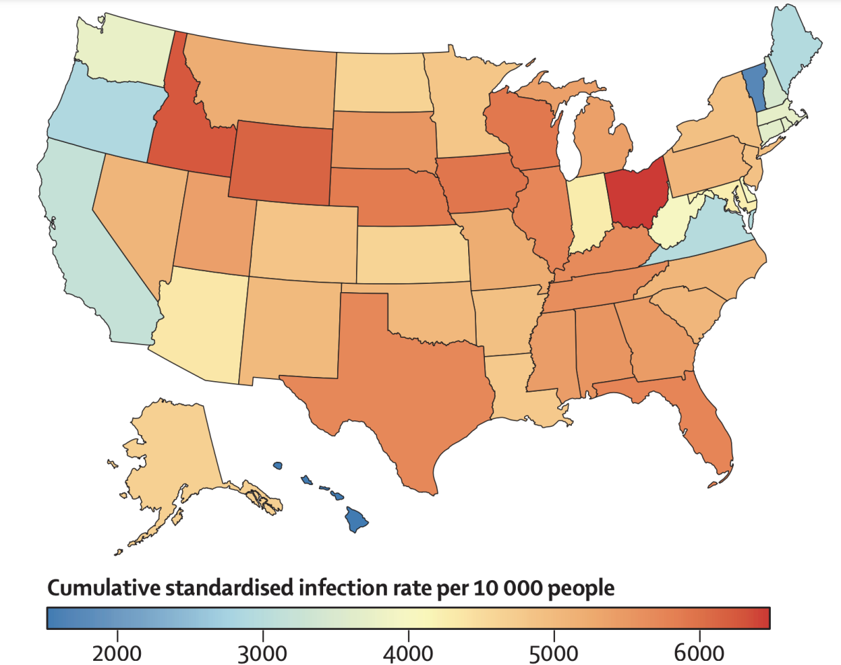 A map comparing the cumulative rate of coronavirus infections by state.