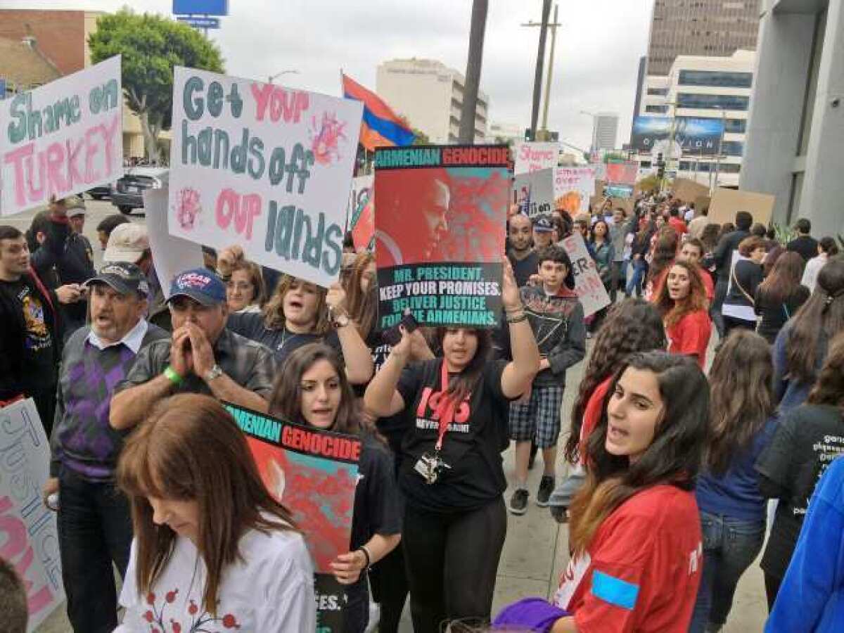 Hundreds demonstrate in front of the Turkish Consulate in Los Angeles on Wednesday.