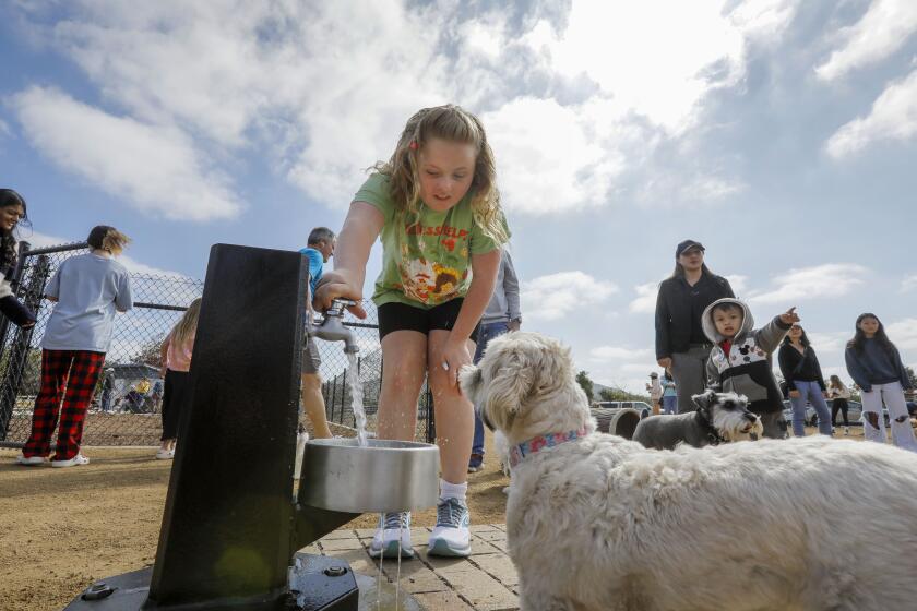 May 11, 2024_San Diego, CA_Opening of Four Gee County Park in the 4S Ranch area of San Diego. In the small dog area Scarlet Ward, 9, turns on the water faucet for her dog named Roxie. (Photo by Charlie Neuman)