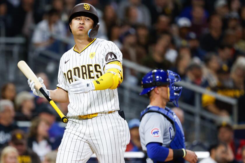San Diego, CA - April 09: San Diego Padres shortstop Ha-Seong Kim (7) reacts after striking out against the Chicago Cubs during the fifth inning at Petco Park on Tuesday, April 9, 2024 in San Diego, CA. (Meg McLaughlin / The San Diego Union-Tribune)