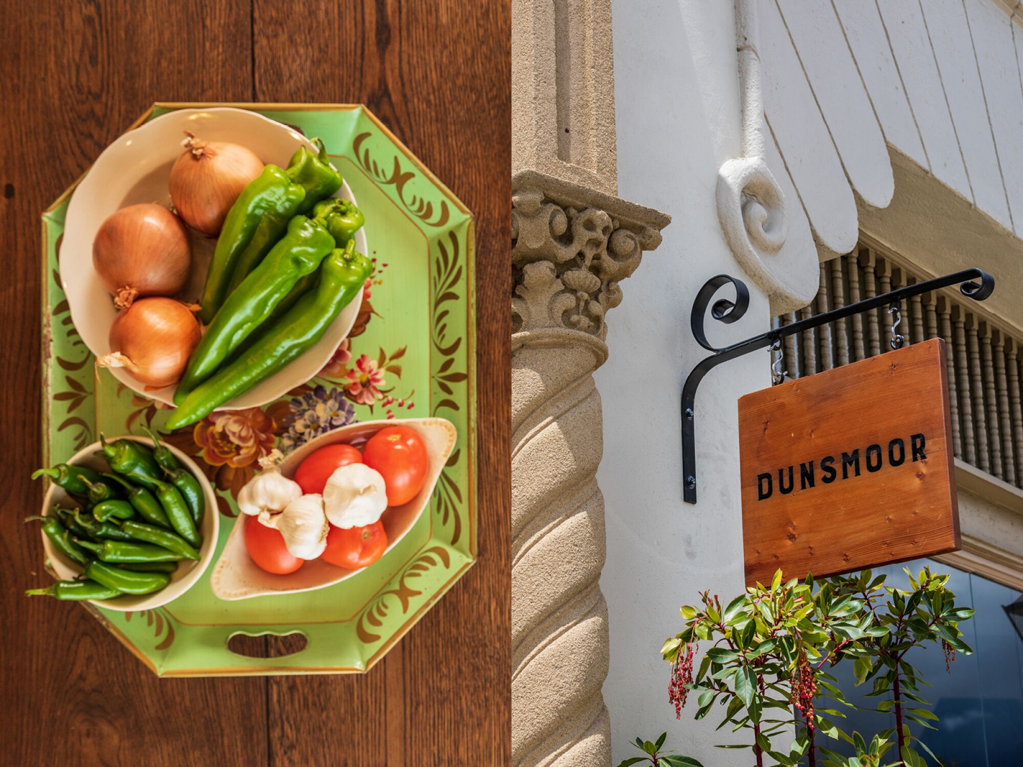 A plate of whole chiles, onions, tomatoes and garlic, left, and the sign outside Dunsmoor restaurant, right.