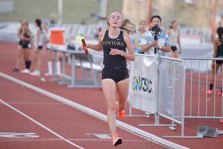 Sadie Engelhardt reaches the finish line after running a 1,600-meter split of 4:33.95 that helped Ventura set the national outdoor record at the Mt. SAC Relays on April 20, 2024.