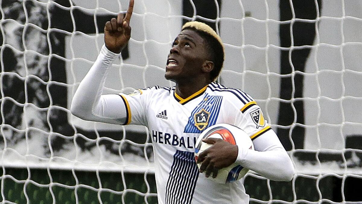 Galaxy forward Gyasi Zardes, celebrating a goal during a game March 15 in Portland, scored in the first half against the Revolution on Sunday.