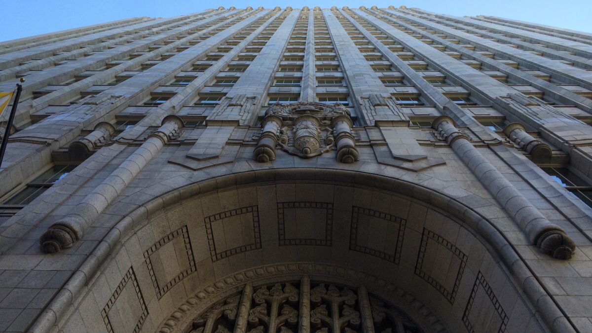 A view of the Art Deco Pacific Bell tower (now the Yelp building) in South of Market.