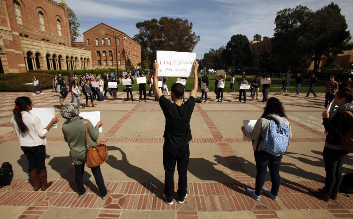 UCLA students demonstrate in March 2014 in front of Royce Hall to protest a university decision not to divest with companies that conduct business with Israel.