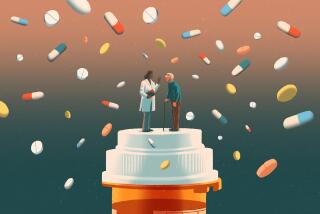 Illustration of an elderly person and a doctor standing on a pill bottle