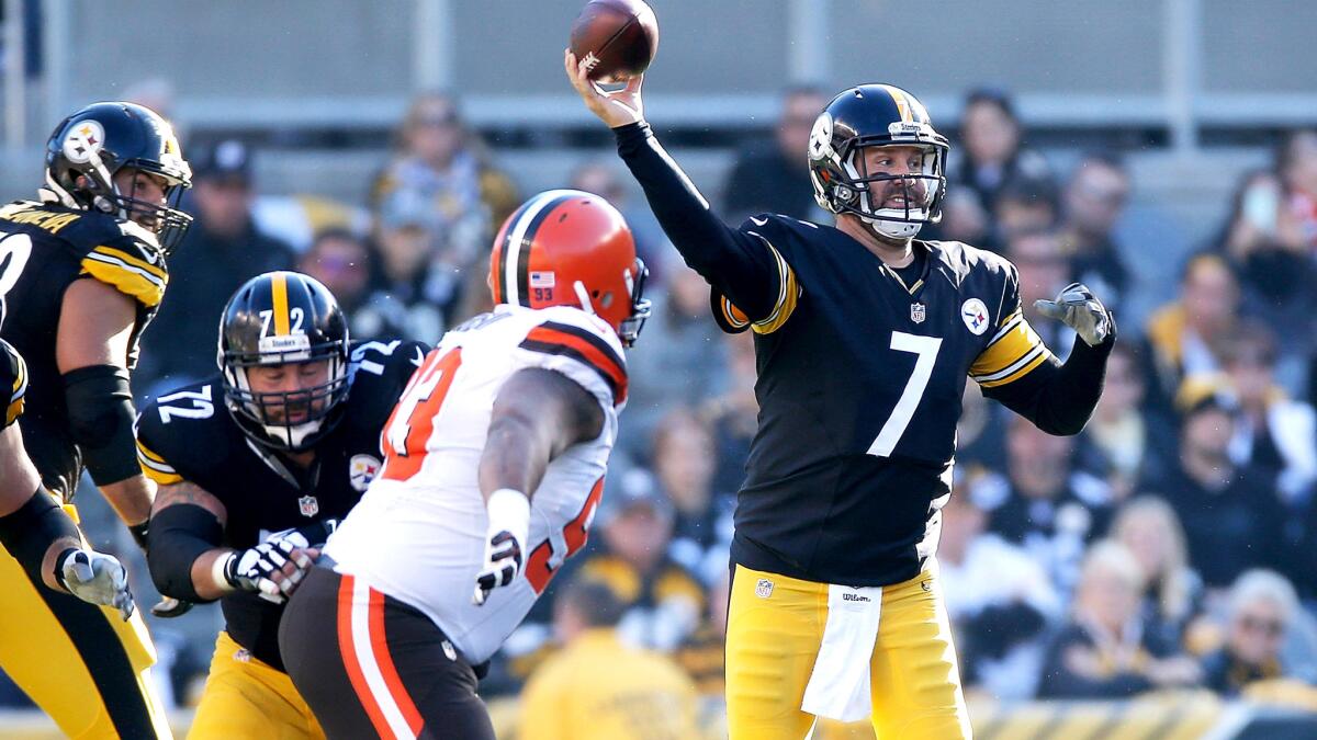 Steelers quarterback Ben Roethlisberger unleashes a pass as he scrambles from pressure against the Browns on Sunday.