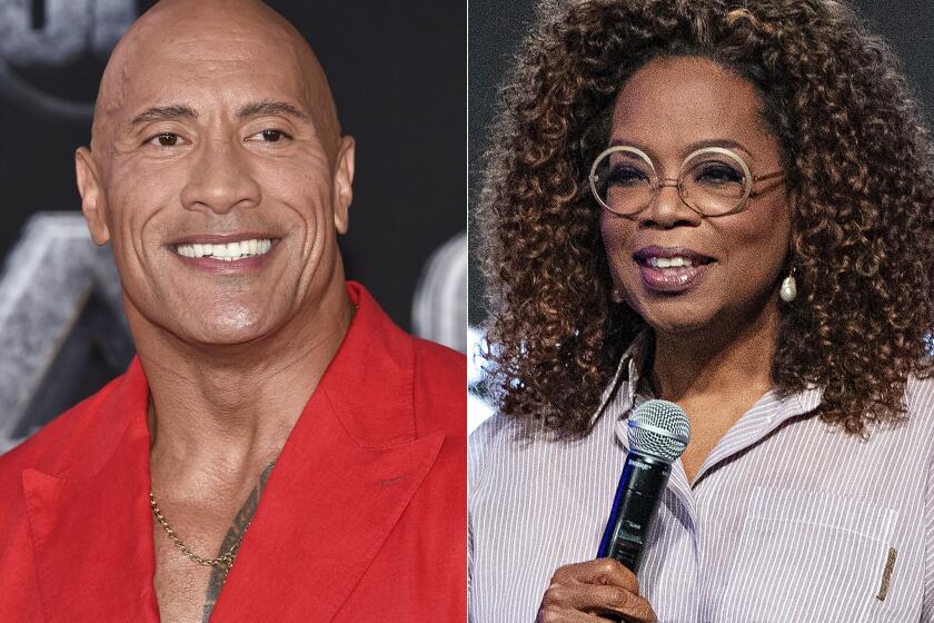 FILE - Dwayne Johnson attends the world premiere of "Black Adam" in New York on Oct. 12, 2022, left, and Oprah Winfrey appears at the Essence Festival of Culture in New Orleans on June 30, 2023. The nonprofit Entertainment Industry Foundation says the People's Fund of Maui, which was started by Winfrey and Johnson to benefit survivors of the wildfires last summer, has given away almost $60 million over six months to 8,100 adults. (AP Photo)