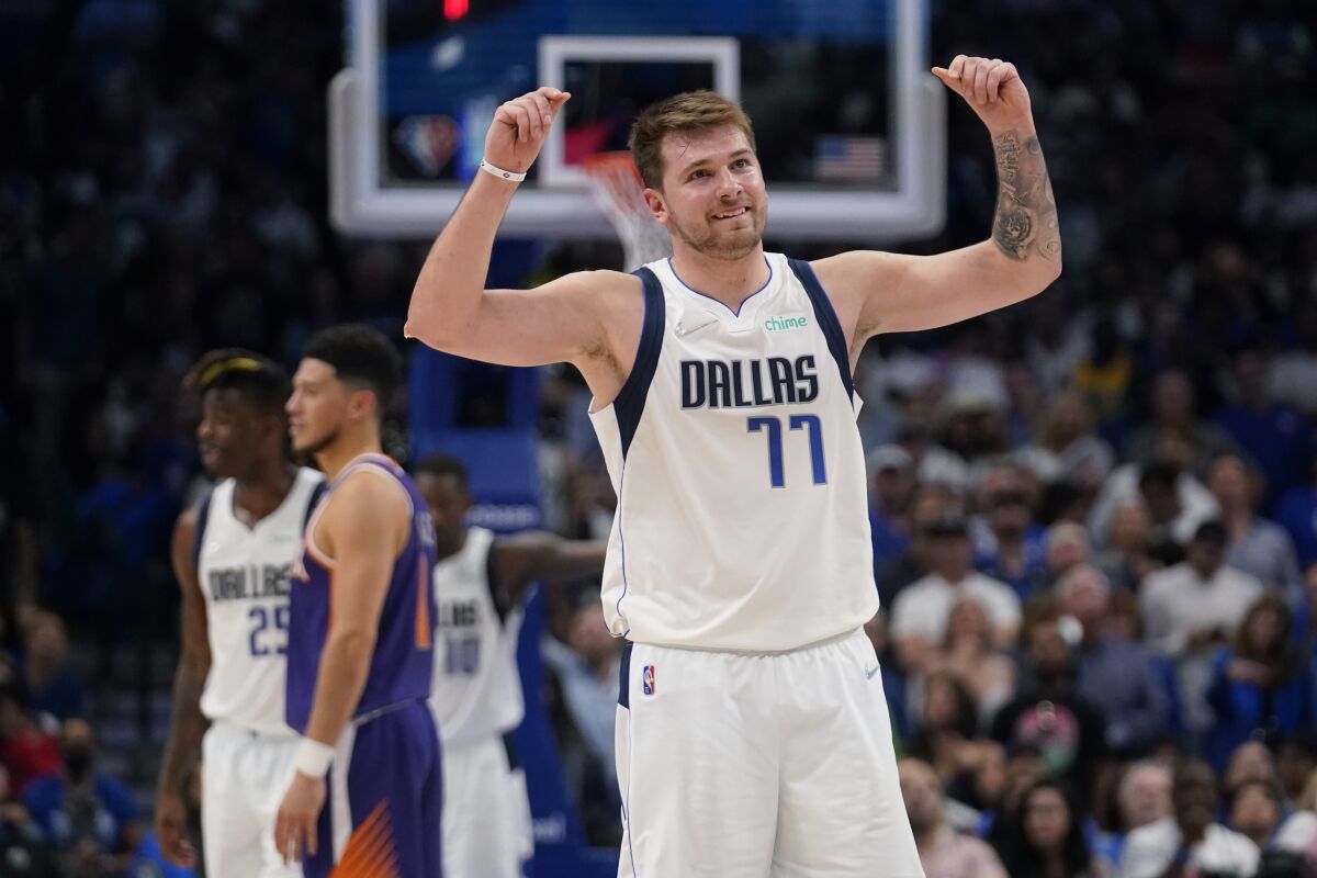 Dallas Mavericks guard Luka Doncic reacts to a play during the second half of Game 3 on May 6, 2022.