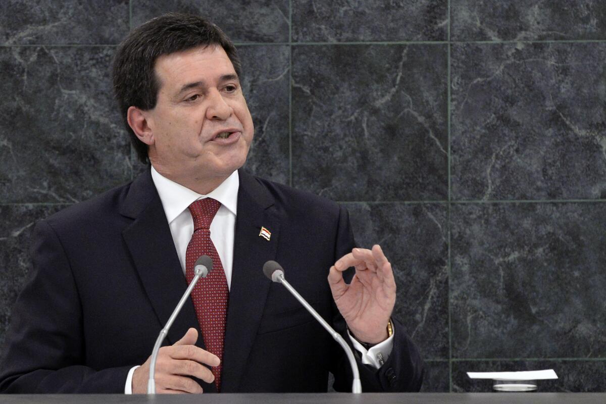 ARCHIVO - El presidente de Paraguay Horacio Manuel Cartes habla ante la 68va Asamblea General 