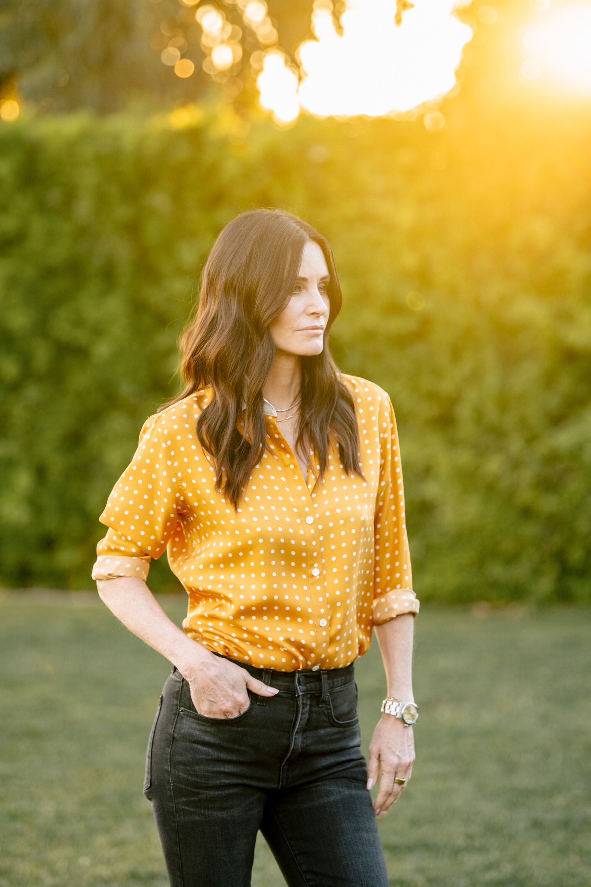 Portrait of Courteney Cox at her private residence in Malibu.