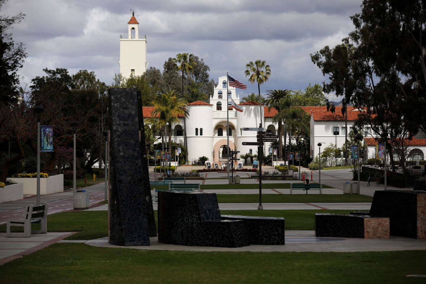 A normally busy Campanile Mall at San Diego State University was free of people on March 25, 2020.
