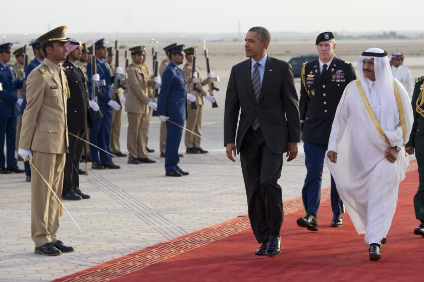 President Obama is welcomed by Prince Khaled bin Bandar bin Abdulaziz, emir of Riyadh, right, upon the president's arrival in the Saudi capital last month for a meeting with King Abdullah.