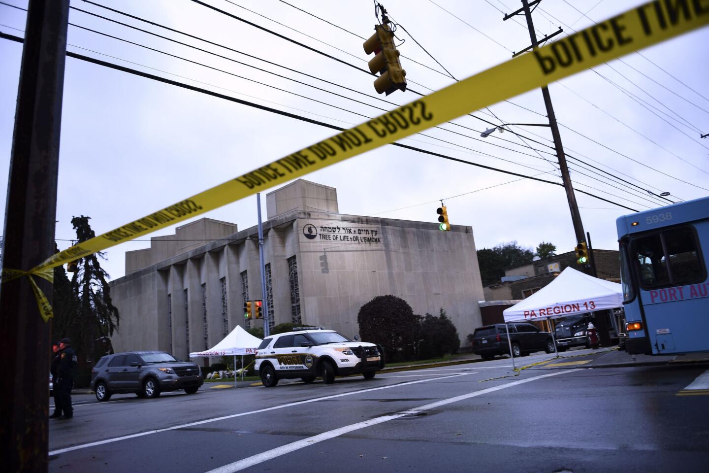 Police tape surrounds the Tree of Life synagogue in Pittsburgh on Oct. 28, 2018, after a shooting there the previous day left 11 people dead.