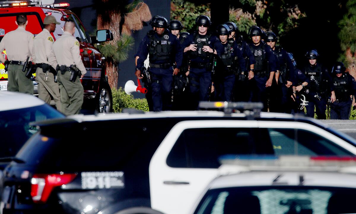 Rows of officers in body armor near police cruisers at a park