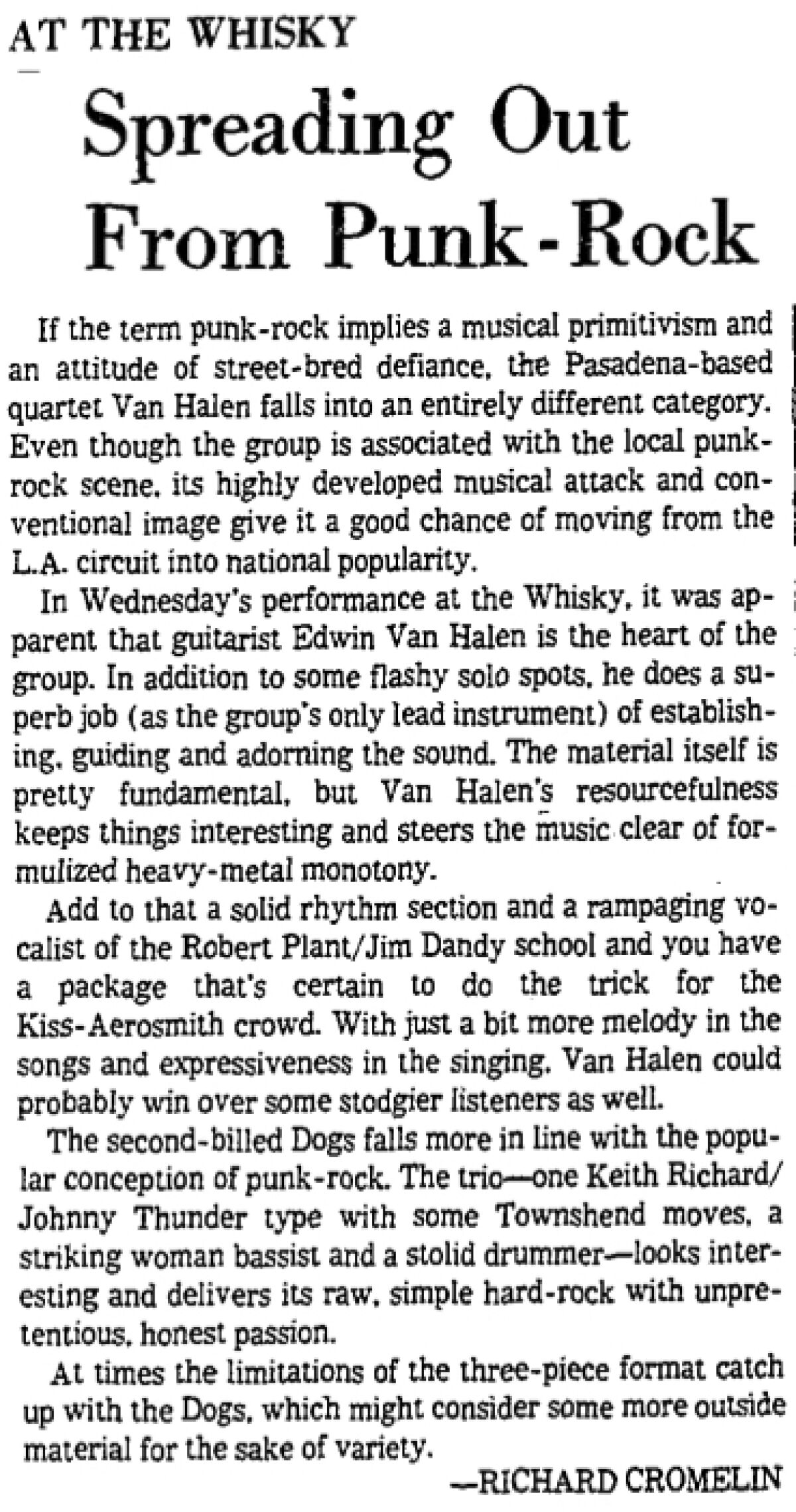 The Times review of Van Halen at the Whisky A Go Go, 1976.