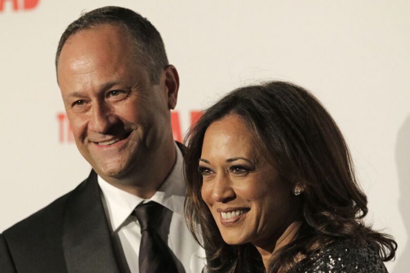 Kamala Harris with husband Douglas Emhoff on the red carpet at the Broad Museum's gala in September.