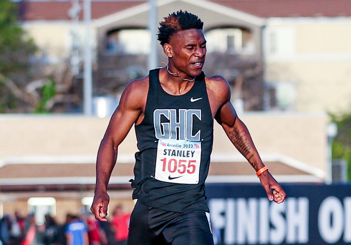 Dijon Stanley of Granada Hills heads to the finish line in the 400-meter dash at the Arcadia Invitational on Saturday.
