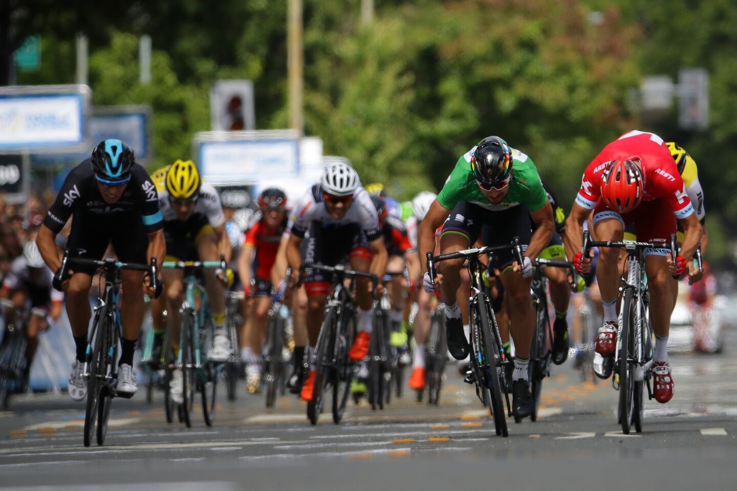 Norway's Alexander Kristoff, right, overtakes of Peter Sagan of Slovakia in the final sprint of the seventh stage of the Amgen Tour of California on May 21 in Santa Rosa.