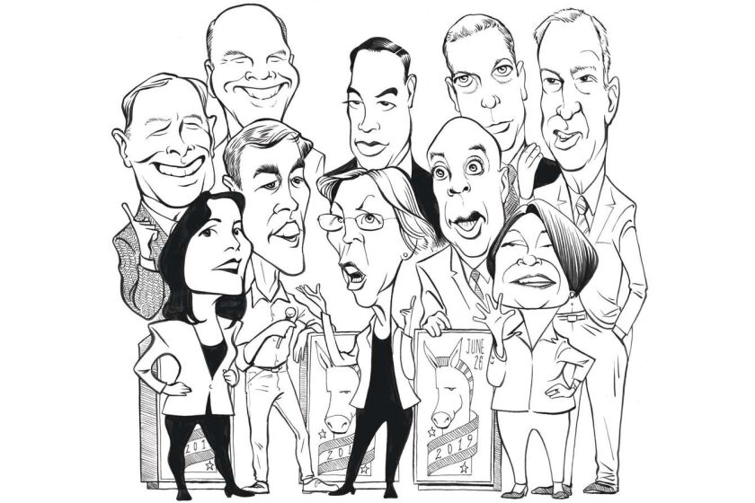 Illustration of Democratic candidates ready to debate June 26th Grouping---Front row, L to R: Tulsi Gabbard, Beto O'Rourke, Elizabeth Warren, Cory Booker and Amy Klobuchar. Top row, L to R: Jay Inslee, John Delaney, Julian Castro, Tim Ryan and Bill DeBlasio. Illustrations by Chris Morris / For the Times