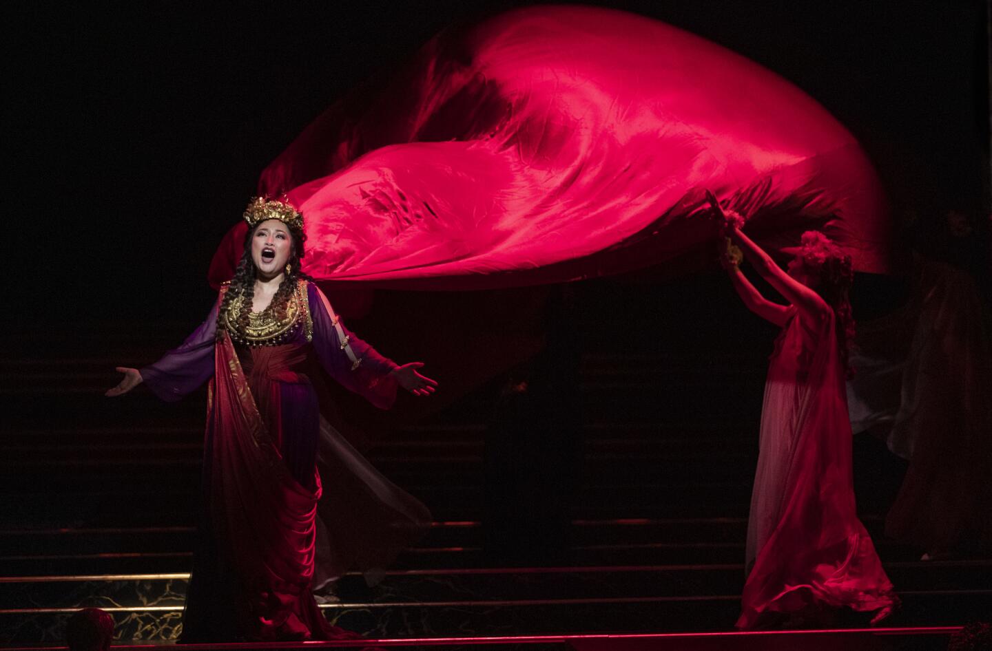 Guanqun Yu as Vitellia, daughter of the deposed Emperor, in the opera "The Clemency of Titus" at the Dorothy Chandler Pavilion in downtown Los Angeles.