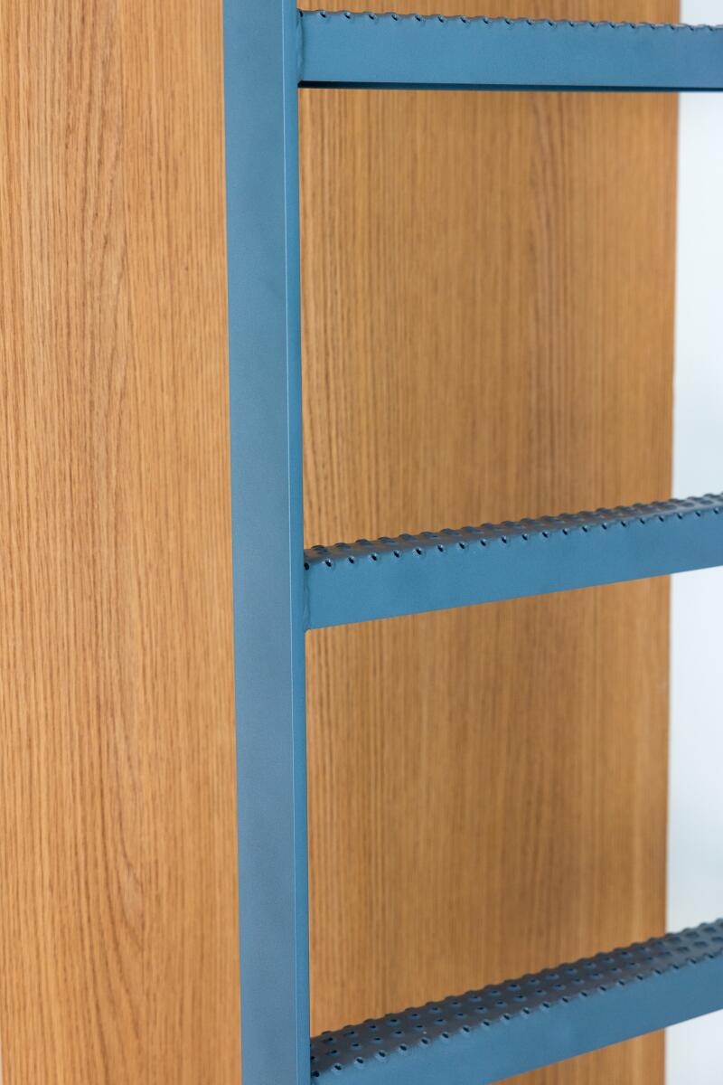 A closeup of a turquoise ladder against a wood wall