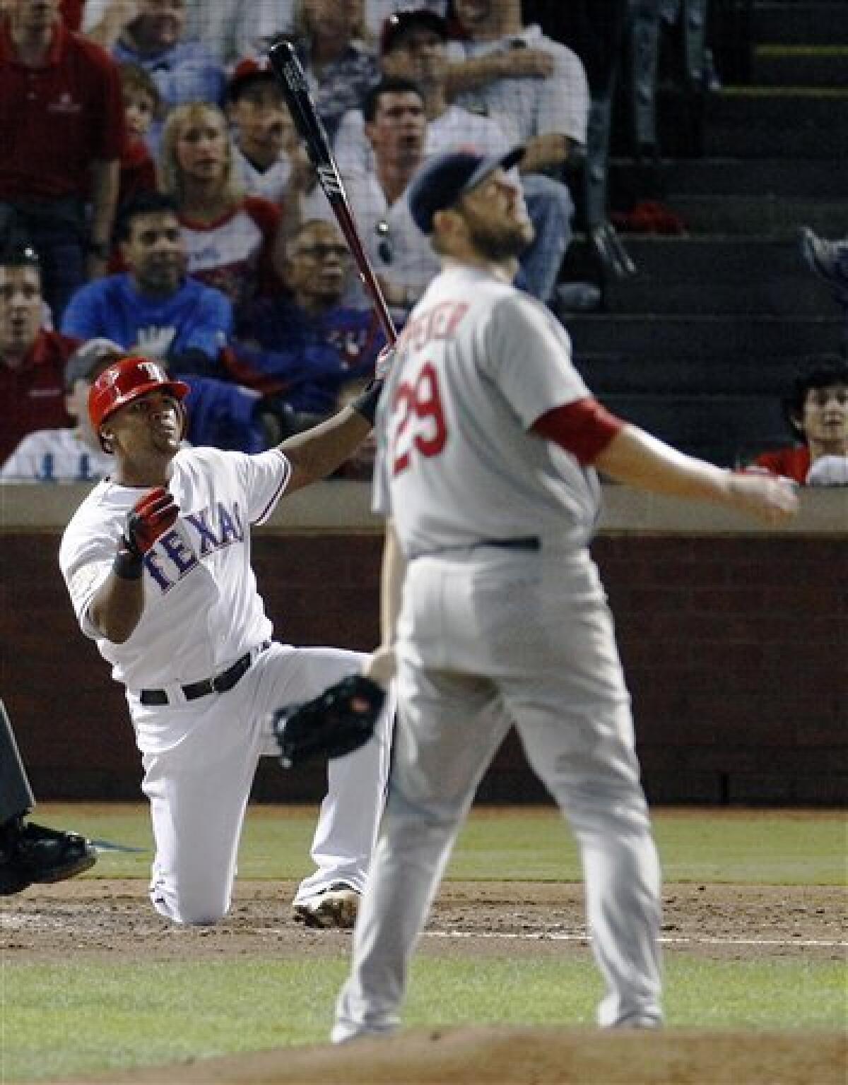 Adrian Beltre hits a long home run on one knee 