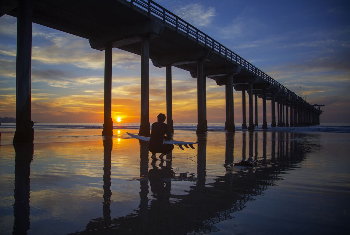 A surfer looks for an entry point from Scripps Pier during sunset.