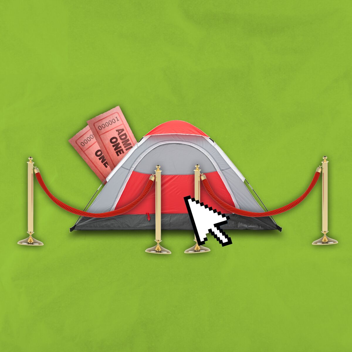 Illustration of a camping tent behind red velvet ropes.