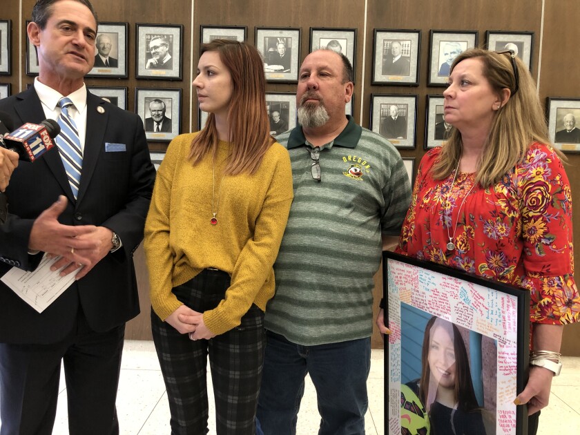 Orange County D.A. Todd Spitzer with the family of Brooke Hawley, who was killed along with two friends by a DUI driver in Huntington Beach in 2018.