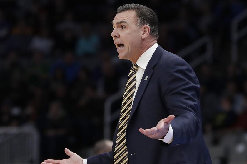 UC Irvine head coach Russell Turner gestures during the first half against Kansas State during a first-round game in the NCAA menâs college basketball tournament Friday, March 22, 2019, in San Jose, Calif. (AP Photo/Chris Carlson)