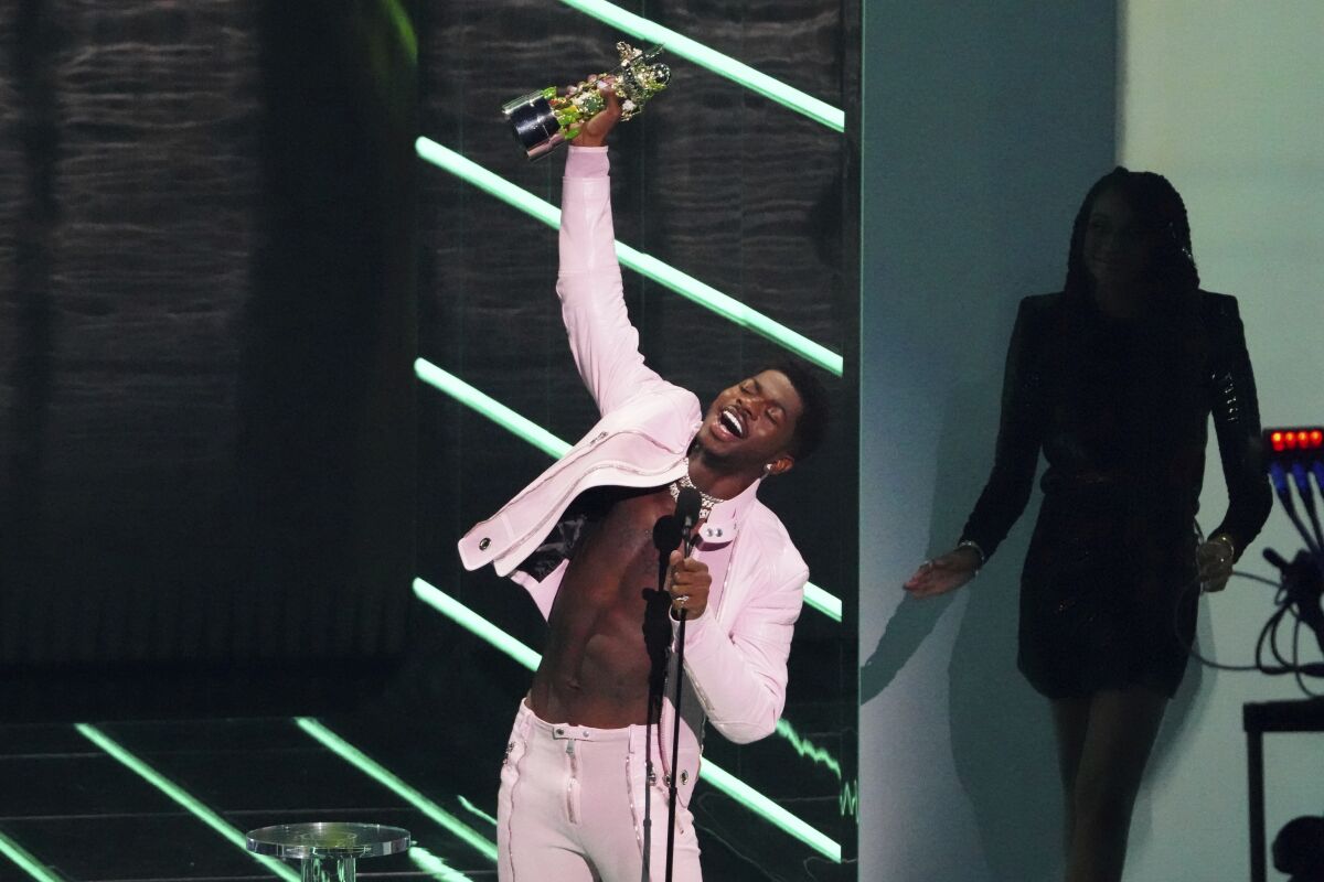 Lil Nas X accepts the award for video of the year for "Montero (Call Me By Your Name)" at the MTV Video Music Awards at Barclays Center on Sunday, Sept. 12, 2021, in New York. (Photo by Charles Sykes/Invision/AP)