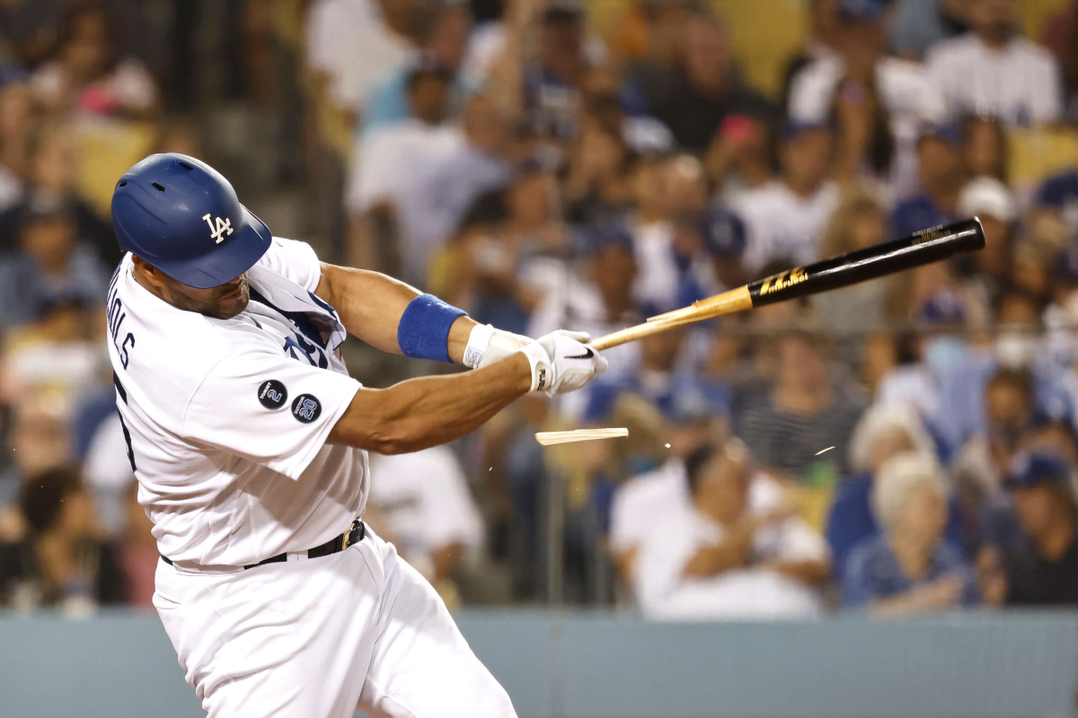 The Dodgers' Albert Pujols bats during the fifth inning against his former team, the Angels.