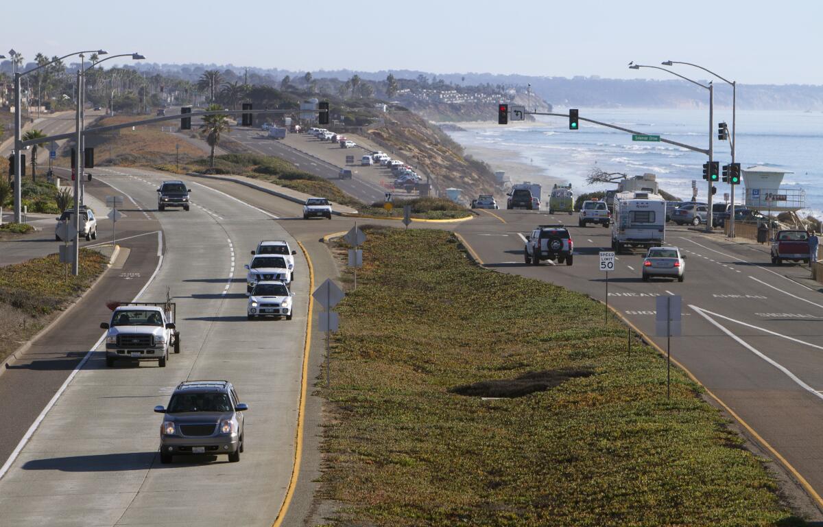 Carlsbad Boulevard, or Highway 101, as viewed from the south side of the Palomar Airport Road bridge in Carlsbad.
