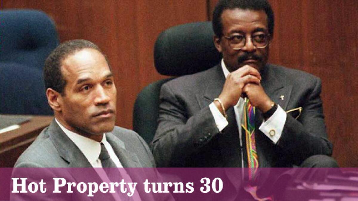 A clipping of the Hot Property column was entered as an exhibit in 1995 during O.J. Simpson's murder trial in Los Angeles, which resulted in his acquittal. Above, Simpson, left, and defense attorney Johnnie Cochran at the trial.