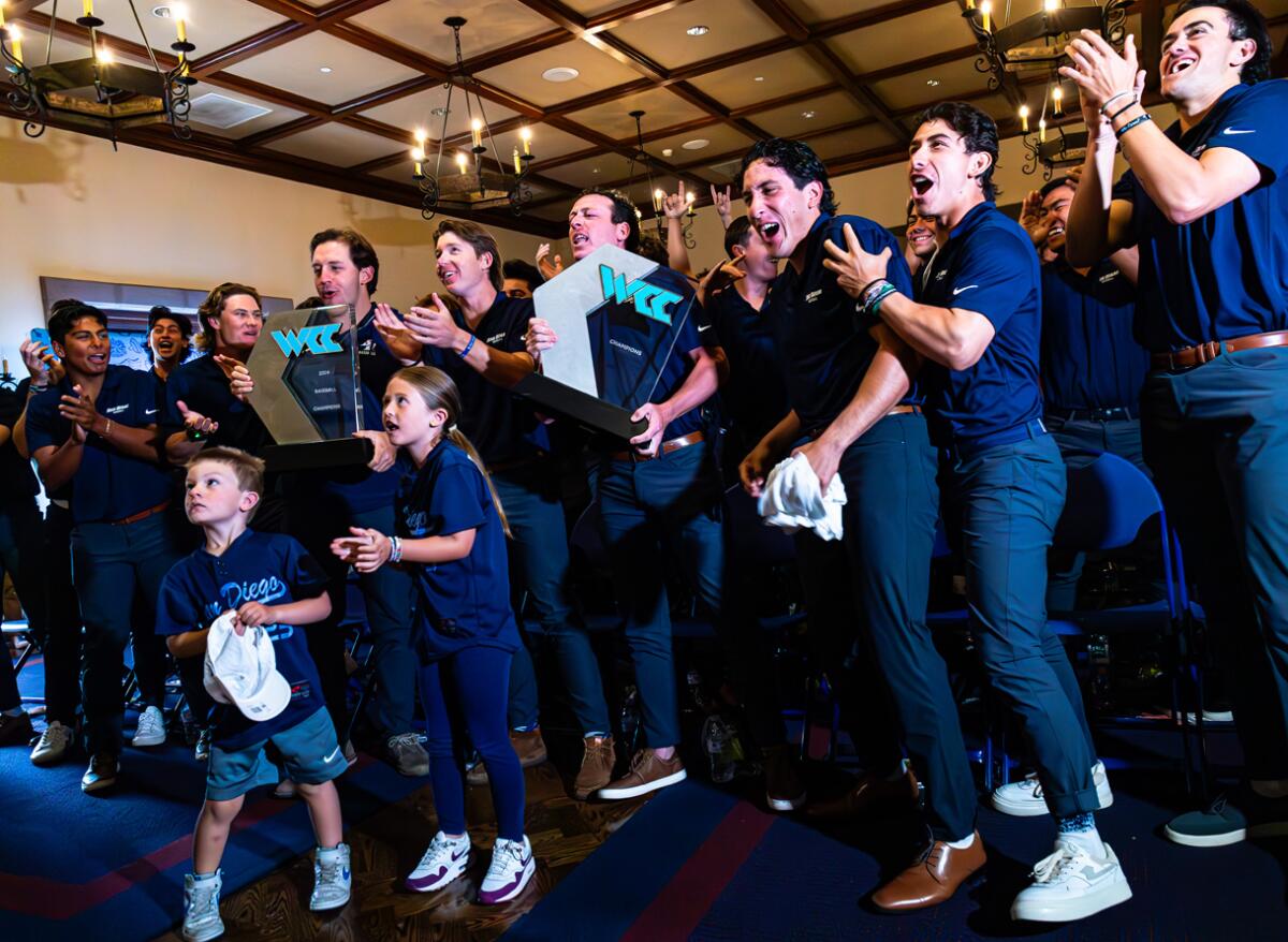 USD players react when announcement comes that they are headed to Santa Barbara Regional for NCAA Tournament.