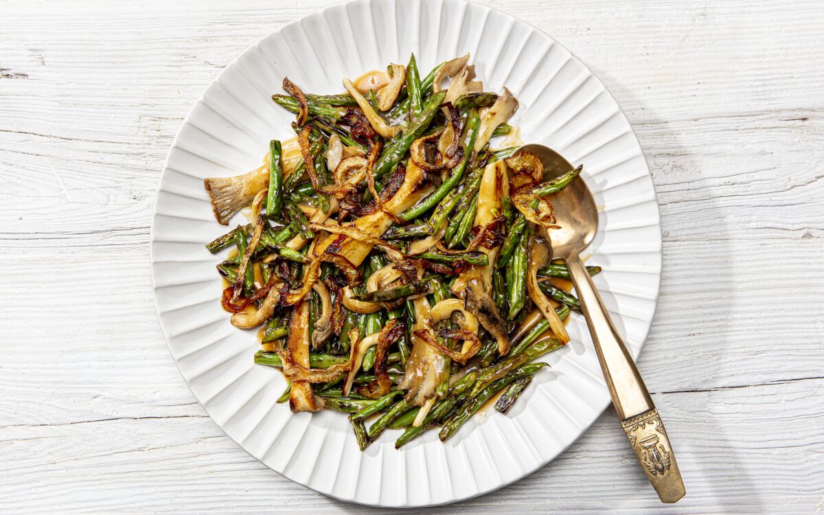 Dry-Fried Green Beans and Mushrooms With Sizzled Onions