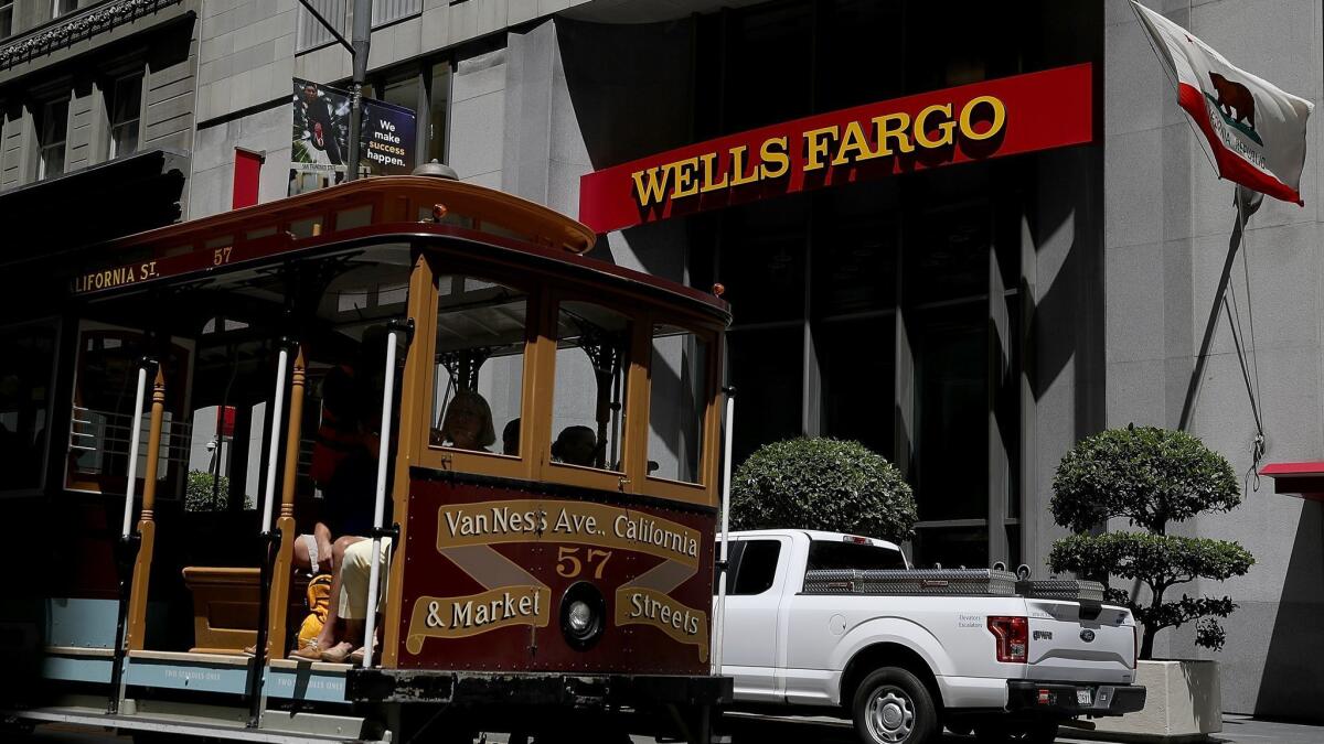 A cable car passes a Wells Fargo Bank branch in San Francisco in 2017.