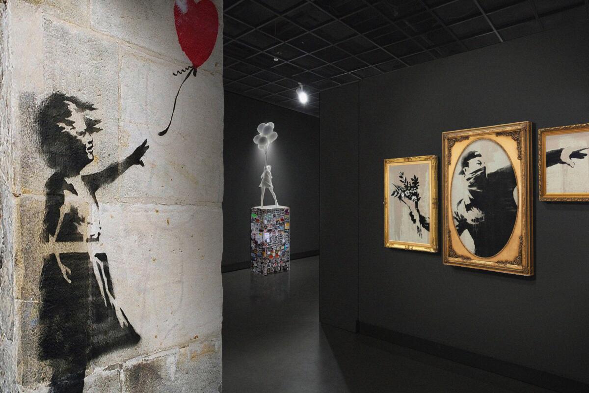 An image of a girl letting go of a red balloon is on a concrete-block wall near other artworks in a traveling exhibition