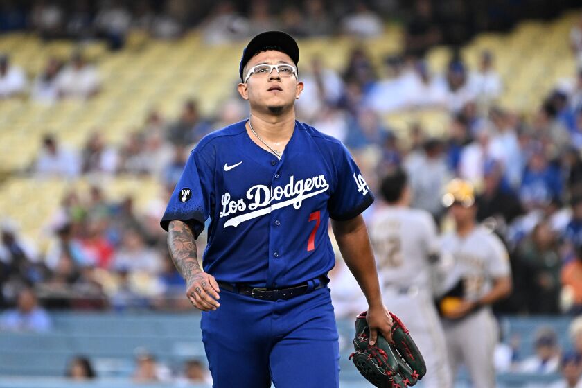 Los Angeles, California August 22, 2022-Dodgers pitcher Julio Urias atDodger Stadium. (Wally Skalij/Los Angeles Times)
