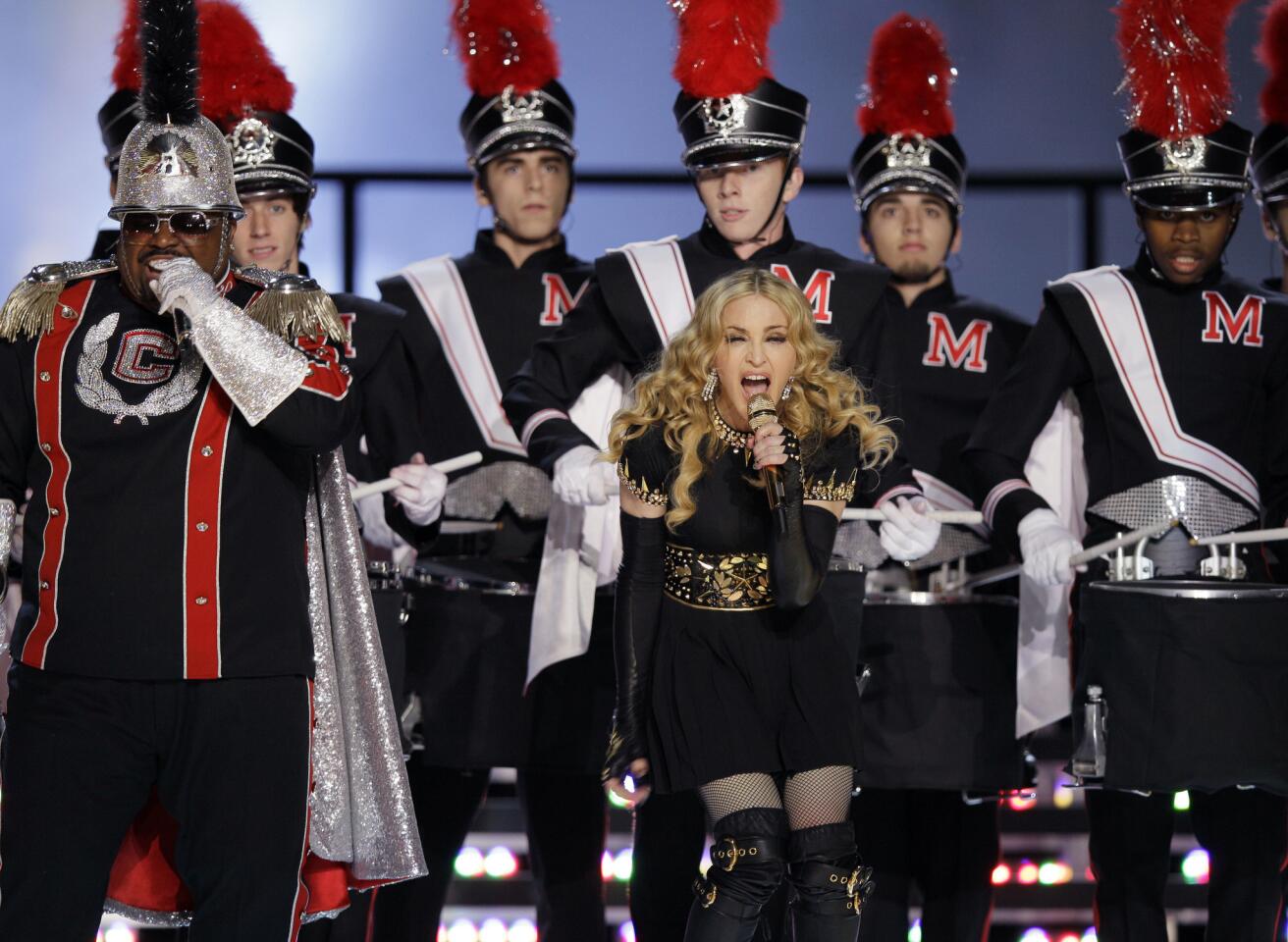 In less than 10 minutes, America watched marching warriors pulling a massive chariot; faux trumpeters announcing the arrival of Madonna; LMFAO, Nicki Minaj, M.I.A. and Cee Lo Green make cameos; several drum lines. Touchdown! Madonna kept 114 million viewers glued to their seats.