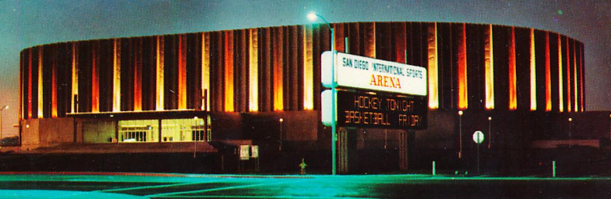 The San Diego International Sports Arena, which opened in 1966, is pictured all lit up two years later.