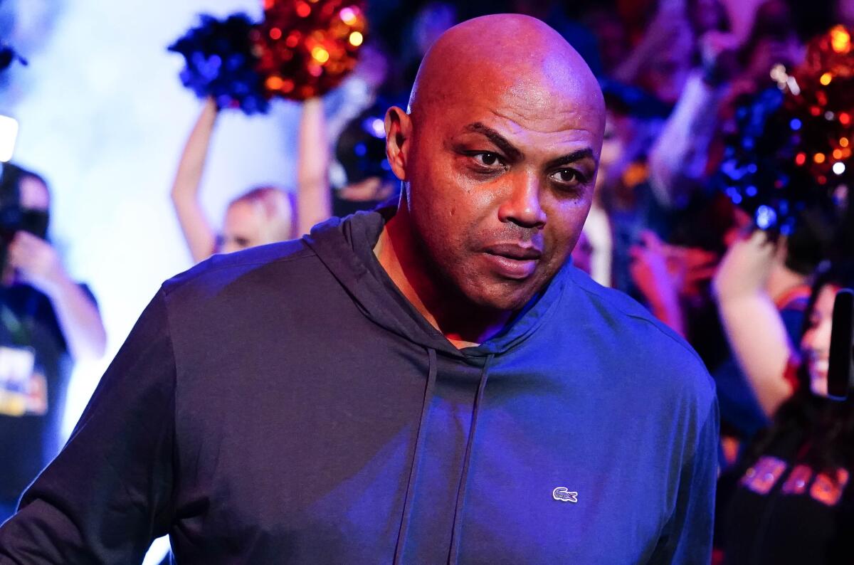 NBA Hall of Famer and former Phoenix Suns star Charles Barkley is introduced during halftime of an NBA basketball game