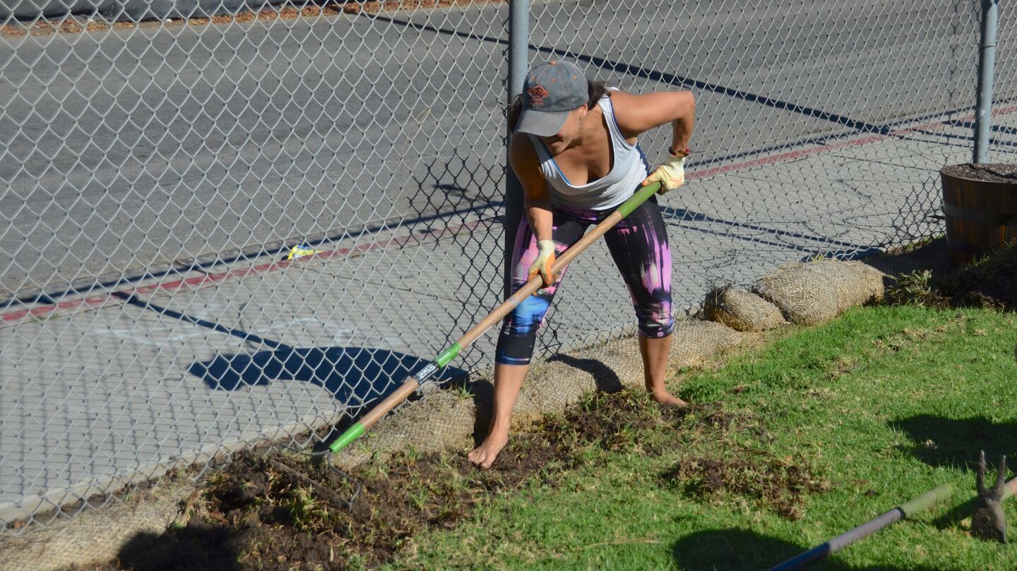 Parent volunteer Nicole Ellington cultivates soil for new plants for Sycamore Creek Community Charter School's gardens.