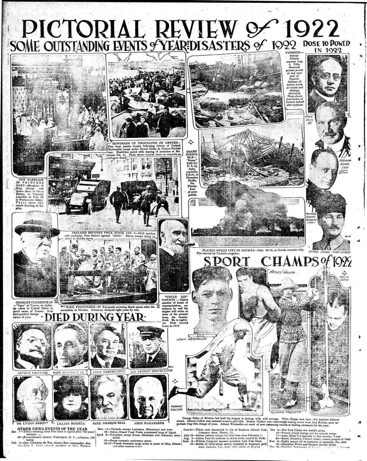 A pictorial review of the events of the year 1922, published in the Evening Tribune, Dec. 30, 1922.