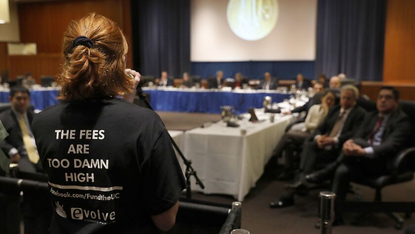 UC Berkeley student Kylie Murdock speaks out against tuition hikes at the UC Board of Regents meeting in San Francisco.